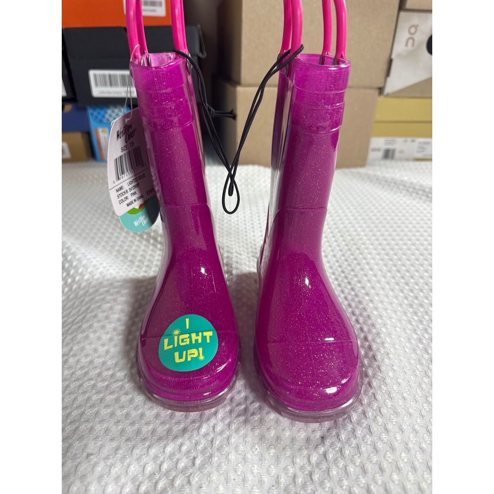 Western Chief Rain Boots Kids 7/8 Lighted Solid Pink Glitter NWOB